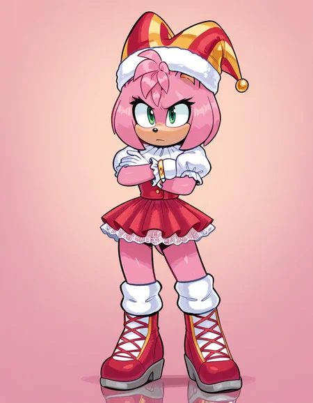 1girl, solo, full body, no humans,
<lora:Movie-Amy:1> movieamy, pink fur, green eyes, animal nose, body fur, hedgehog tail, petite, short legs, short hair, bob cut,
white gloves, <lora:JamoART_v5:1.0> jamoart,
circus girl, puffed sleeves, lace skirt, overknee socks, clown hat, frilly cuffs, standing, crossed arms, subtle nod, reflective gaze, pensive demeanor, extremely detailed, highres, masterpiece, best quality