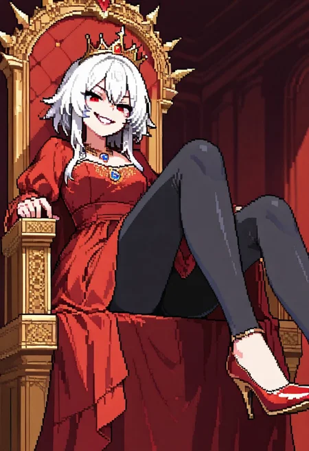 pixeldream, 1girl, crown, white hair, red eyes, short royal dress, black leggings, heels, necklace, evil grin, close shot, sitting on throne, view from below,