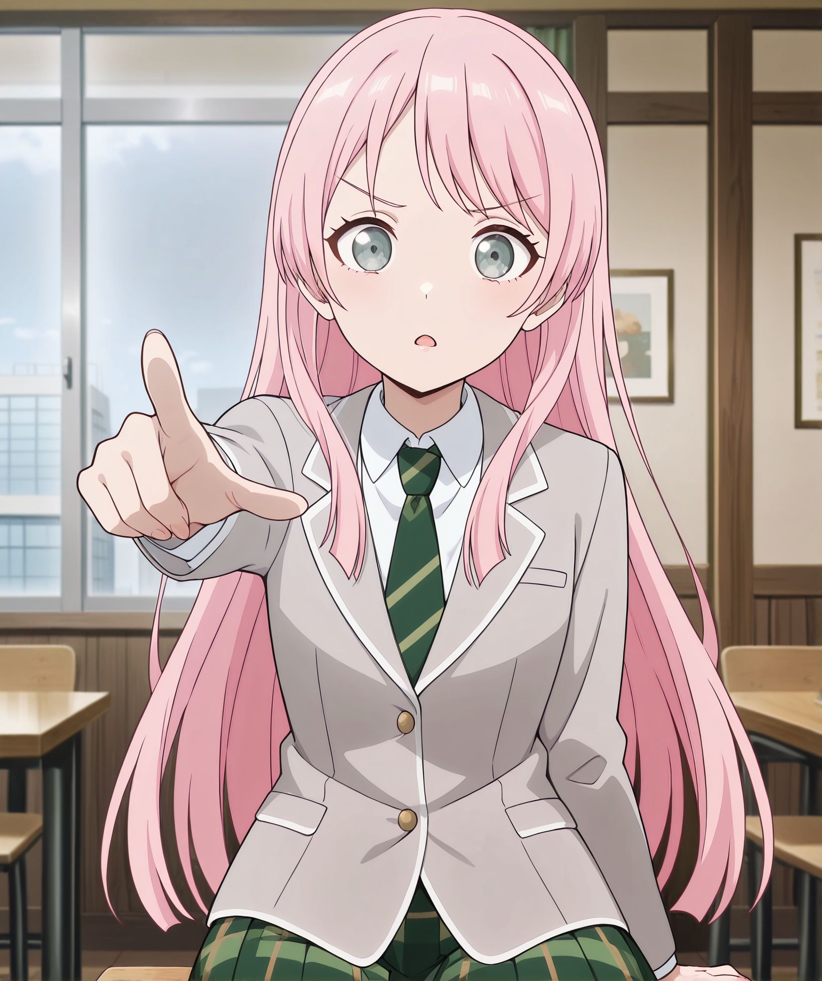 masterpiece, best quality, newest, absurdres, highres, detailed eyes, beautiful, detailed background, perfect eyes, anime coloring, anime screencap,
<lora:My_dad_got_the_MVP:1>My dad got the MVP,
Look for your own problems, (pointing with one finger,open mouth), 
1girl,sitting, parody,solo,looking at viewer,
look for your own problems,pointing with one finger,talking, serious, 
cafe, indoors, window, 
chihaya anon,  skirt, green skirt, haneoka school uniform, plaid skirt, jacket,  school uniform, shirt, necktie, plaid, diagonal-striped necktie, diagonal-striped clothes, white shirt, grey jacket, long sleeves, collared shirt, striped clothes, green necktie, buttons, pleated skirt, parted lips, <lora:chihaya_anon_IlluXL:0.7>,