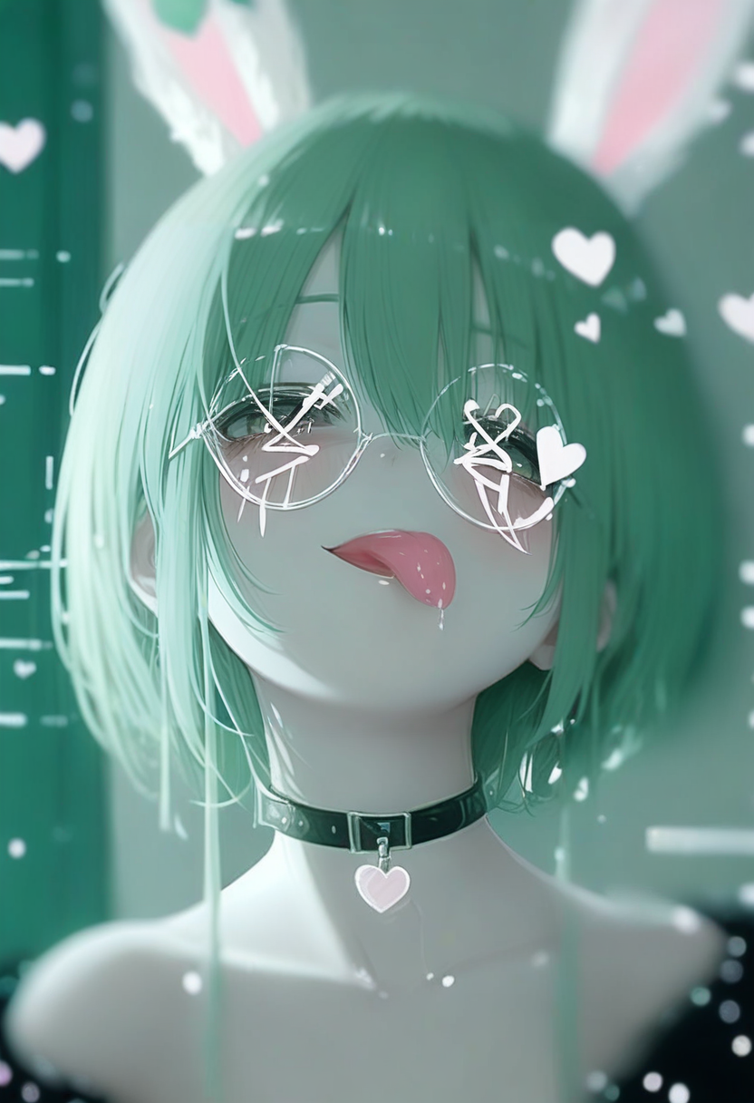1girl, tongue out, tongue, solo, animal ears, rabbit ears, choker, glasses, round eyewear, green hair, short hair, looking at viewer, hair between eyes, portrait, heart, blurry, bangs, :p, black choker <lora:748cmXL_NBVP1_lokr_V6311PZ:0.95>