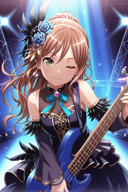 masterpiece, best quality, amazing quality,
<lora:Lisa_IL:1> lisa_imai, 1girl, solo, one eye closed, flower, long hair, feathers, feather hair ornament, hair ornament, instrument, jewelry, hair flower, brown hair, smile, dress, guitar, blue flower, bass guitar, ribbon, black feathers, detached sleeves, neck ribbon, looking at viewer, earrings, onstage