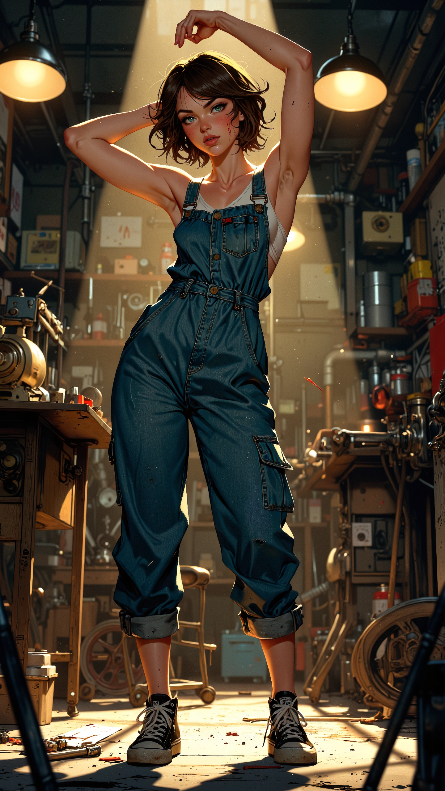 High-resolution anime-style illustration with soft painterly textures, industrial lighting. A young woman stands confidently in a cluttered workshop, wearing only a loose, unzipped denim overall draped over her frame, exposing her toned arms and shoulders and ankle high sneaker. Her tousled, shoulder-length brown hair is tied messily, a few strands falling over her intense, focused eyes. A smudge of grease streaks across her cheek, and her natural armpit hair peeks out as she lifts both arms. The dim glow of overhead lamps casts warm highlights on scattered tools, metal scraps, and half-finished mechanical projects around her. Her relaxed stance, bare feet tapping against the cool concrete floor, and the scent of oil and metal in the air create a raw, authentic, and effortlessly sexy atmosphere <lora:Anime_Art_V3:0.8> <lora:FluxMythV2:0.8>