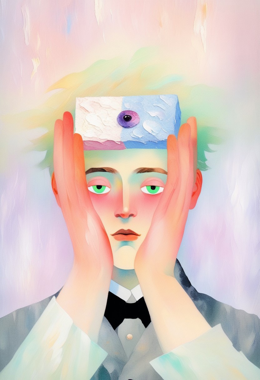 Minimalism style, one boy in a portrait wearing an Ascot cap, with soap nearby. Strange hands reaching for the boy's face, and each hand has surreal eyes with eyelashes. The background has a fluorescent gradient. The boy has alabaster hair that is tousled, and he has a Scandinavian look. This is a masterpiece in the best quality, niji style. (aaAR7ip, (wind blown:2), (thick impasto,oil painting texture:2))
