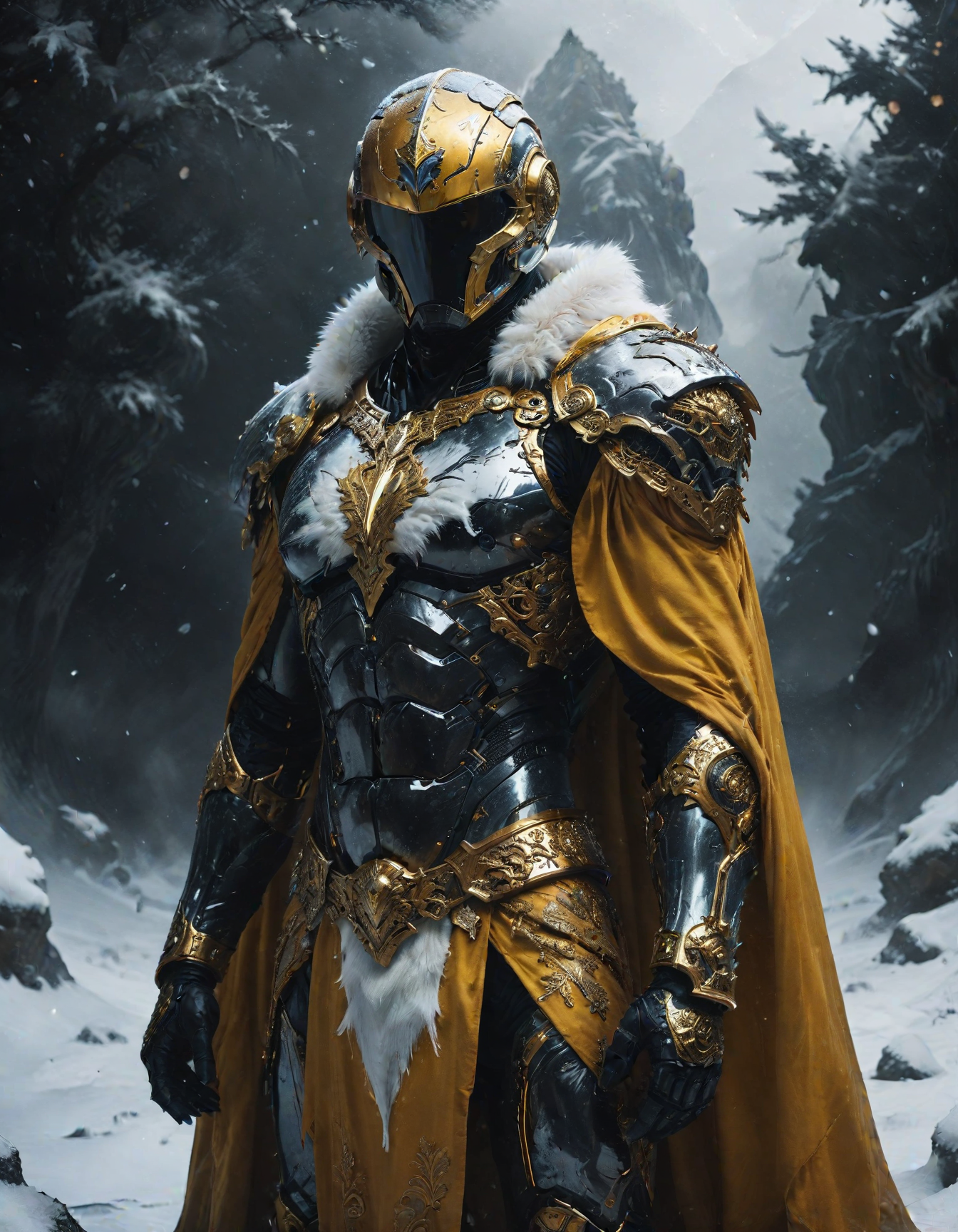 full body closeup, futuristic mysterious muscular buff male character standing against a snowy backdrop, The character wearing ornate tech armor made out of white obsidian with intricate gold detailing and a fur collar, and a gold yellow long cape, The armor predominantly white and black, high-ranking and royal status, The characterâs head is visible, cool black glass futuristic helmet, enigmatic presence, The helmet matches the armor, maintaining the color scheme of black obsidian, white, and gold, atmosphere should be serene yet powerful, capturing the essence of a lone warrior in a harsh winter landscape, <lora:sdxl_lightning_8step_lora:1>, <lora:MJ52:0.3>, <lora:add-detail-xl:1>, <lora:zavy-cntrst-sdxl:0.5>, <lora:Desolation:0.15>, <lora:SDXLFaeTastic2400:0.5>, <lora:- SDXL - vanta-black_contrast_V3.0:0.5>, <lora:Into_Darkness:0.2>