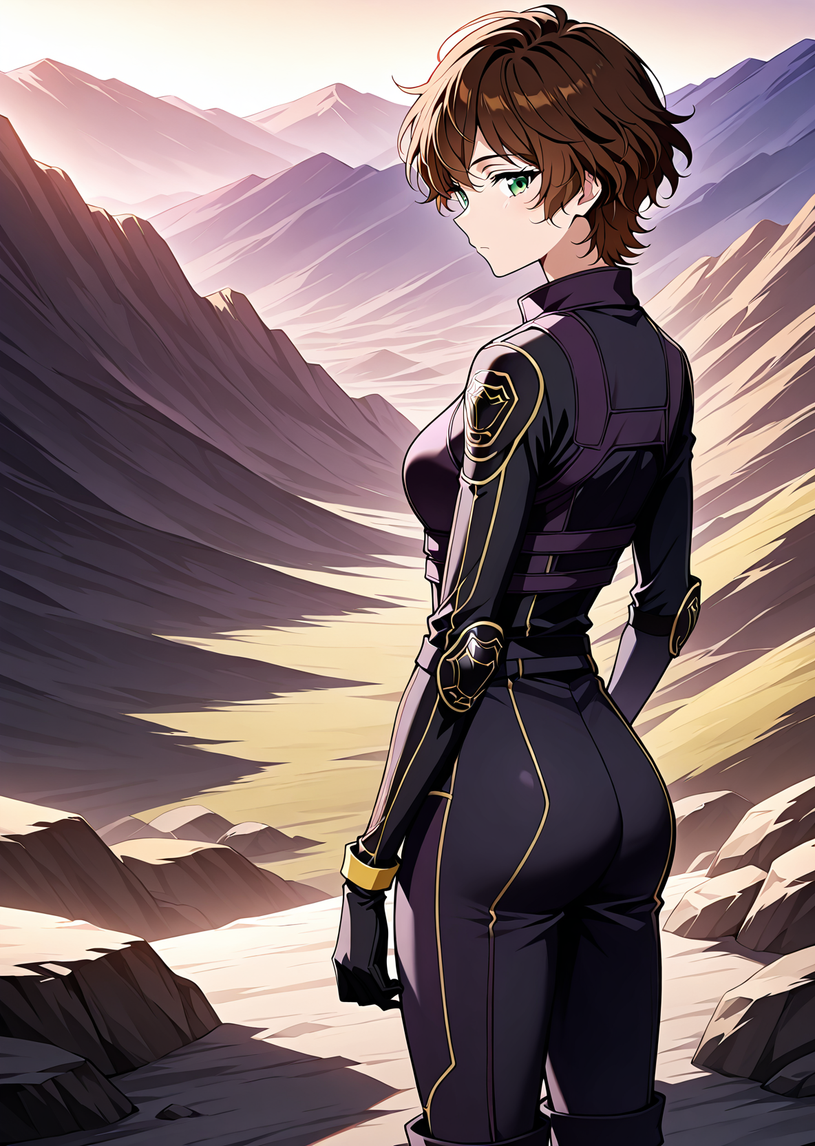 <lora:Caria_Rede__The_Beginning_After_the_End___Illustrious:1>
1 girl, solo, short hair, messy hair, wavy brown hair, green eyes, athletic body, 
black and purple combat suit, gold line details, gloves and boots
score_9, score_8_up, score_7_up, source anime, BREAK, cowboy shot, (from side), looking back, looking at viewer, overlooking mountain, high altitude, scenery, exterior, background