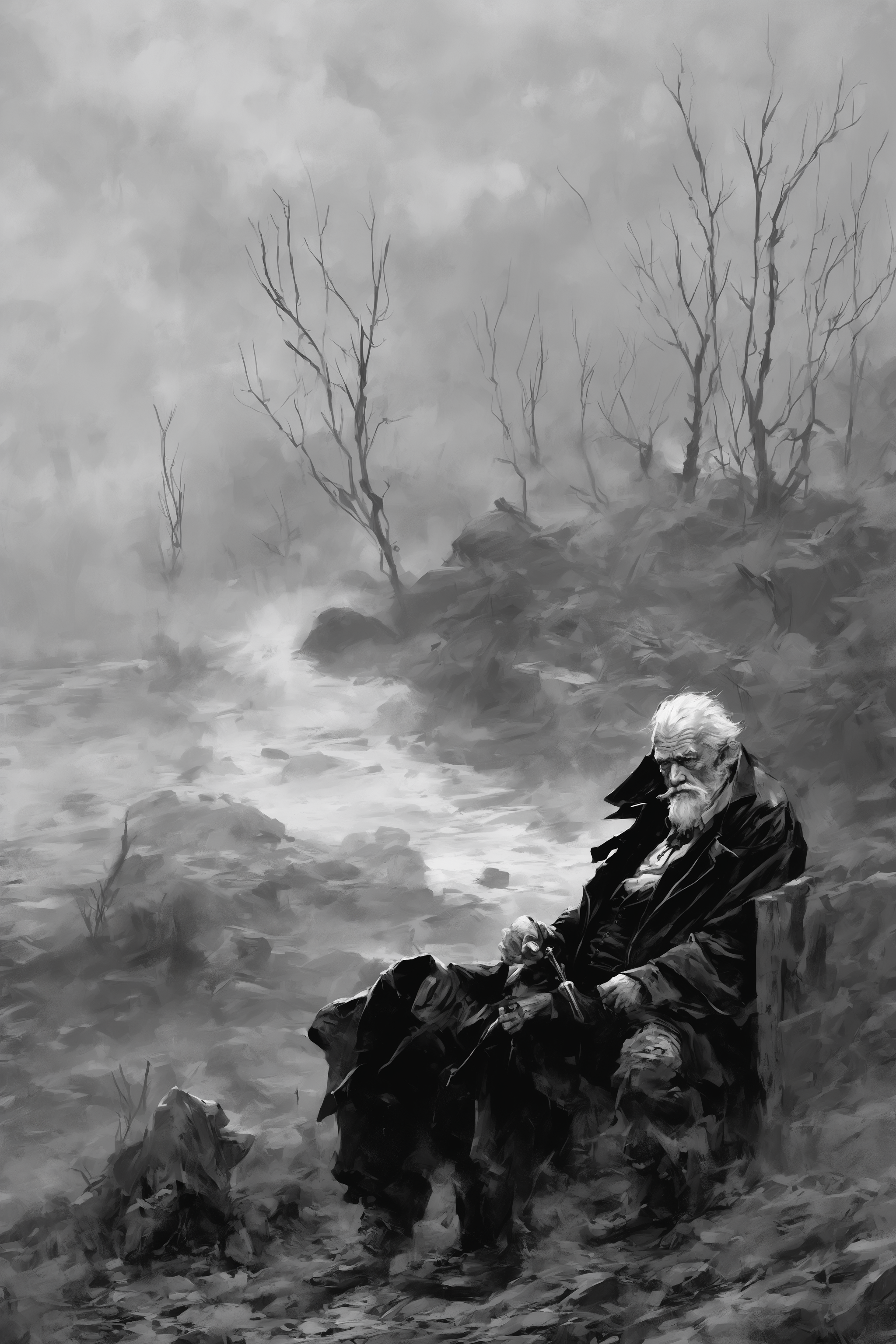 A dirty and dangerous old man, aristocratic, storm and fog, greg rutkowski, artstation.
black and white color scheme