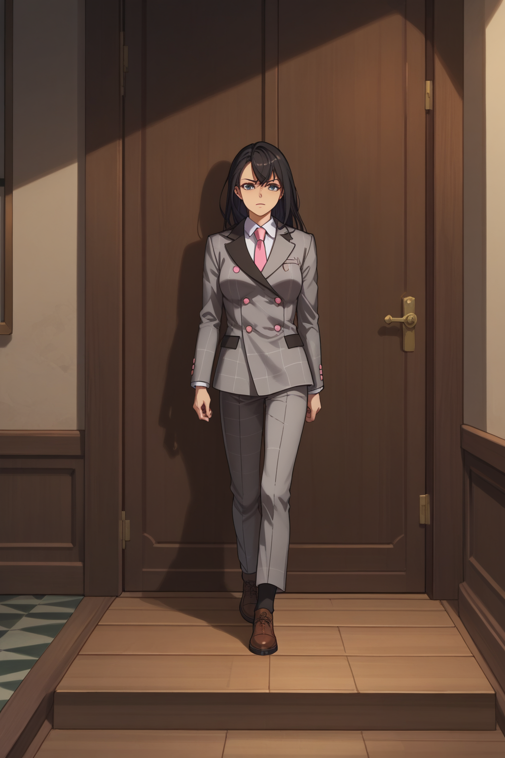 score_9, score_8_up, score_7_up, score_6_up, score_5_up, score_4_up, masterpiece, high quality, BREAK, full body, BREAK, 1girl,  <lora:Wendy Sato:0.8> Black hair, grey eyes, large breasts, grey suit, pink necktie, gauntlets, katana,