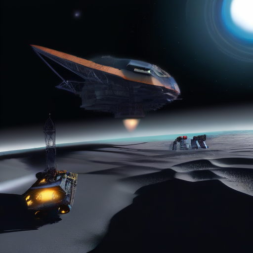In the mining operation within Odysset's rings, massive platforms and interconnected structures sprawl across the cosmic expanse. Bright floodlights cut through the darkness, revealing workers clad in rugged space suits maneuvering among towering cranes and robotic arms. Transport vessels dart back and forth against the backdrop of the star-studded void, ferrying payloads of ore to processing facilities stationed on nearby asteroids. The scene is a symphony of activity amidst the celestial silence, with the distant glow of the planet Odysset providing a serene backdrop to the bustling industrial operation., BREAK, (sci-fi, futuristic, space, asteroid:1.4), BREAK, <lora:detailed_notrigger:1>,   <lora:Expanse_Science_Fiction_Comic_Style_SDXL:1> expnscom