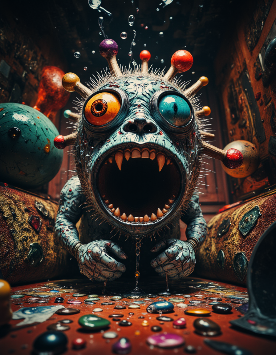 multi-eyed-catching a terrifying soaked in darkness fat and hairy multi-eyed object scared and cornered in a cozy living room with an old-fashioned renovation, a dark nightmare feeling, large amount of small details and details, depressive pressurizing atmosphere, large forehead, High quality, Highly detailed, <lora:aidmaMJ6.1:1>, <lora:ImageUpgraderV2:1>, <lora: - Flux1 - soothing_atmo_V1.0:0.3>,  <lora:Flux DetailerV2:1>,  <lora:flux-colourful-000003:1>