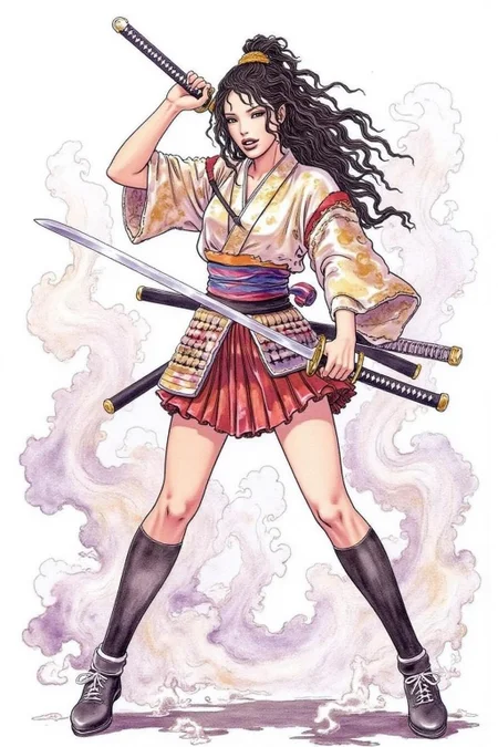 itacomic1 illustration of a female Japanese samurai warrior wielding a katana, blending form with reality. Glitching the surreal with blurred dreams on a white background. Woven light fuses delicatly with whispering shimmers creating a eyecatching and masterpiece artwork. drifting fog, cracked light and smokey haze in floating threads finishes the dreamlike reality.  <lora:itacomic_mima3_fl_d4a2:1.0><lora:801275760519212281:0>