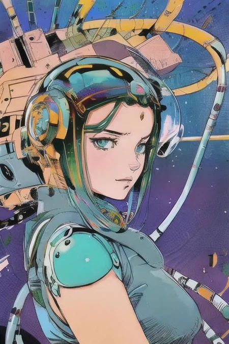 2d artwork, line artwork, comic aesthetics, 1girl, gorgeous, spacesuit mech, looking at viewer, surreal, breathtaking high-tech hardware background, line noise, ancient, retrofuturism, old comic paper, 1girl, beautiful face, spacesuit mech, short hair,