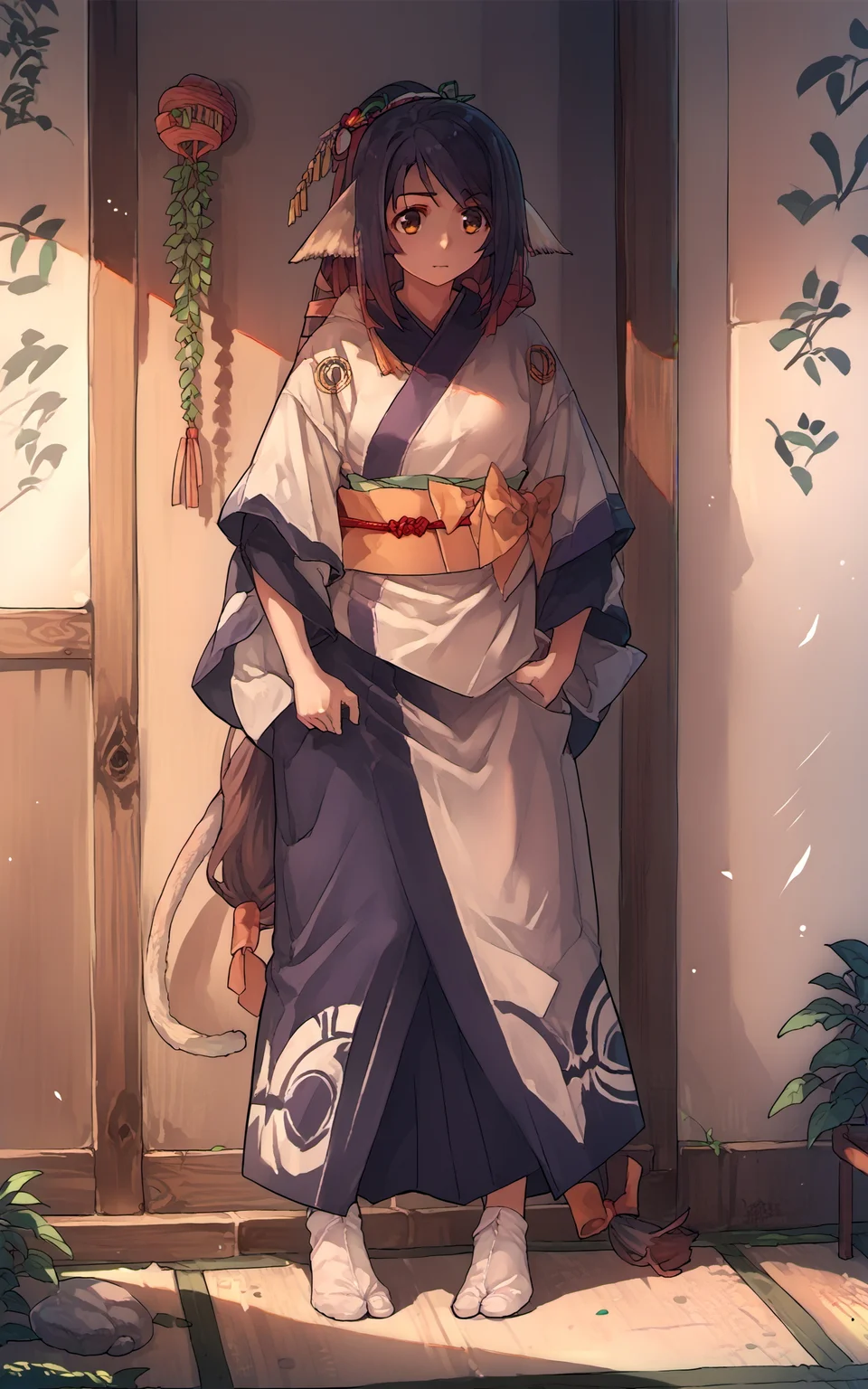score_9,score_8_up,score_7_up,score_6_up,score_5_up,score_4_up,source_anime,1girl,<lora:kuon_pony:0.8>,kuon \(utawarerumono\),japanese clothes,kimono,long hair,tail,sash,low-tied long hair,<lora:tabi_pony-000015:1>,white socks, tabi,standing,