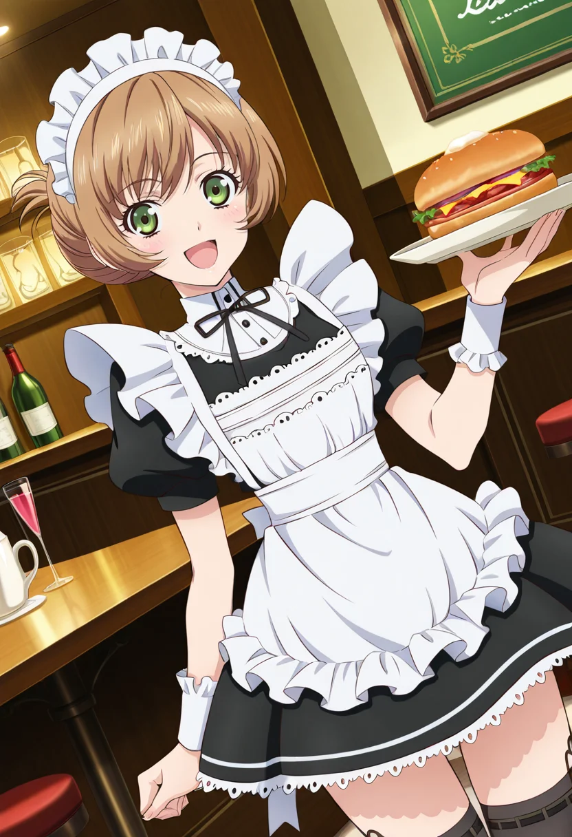 restaurant, indoor,
BREAK,
open smile, holding foods, looking sideways,
cowboy shot, dynamic angle,
BREAK,
<lora:leiax2_illustriousXL_v01:0.9>
leiarnd, leiamaid, maid, short dress, puffy sleeves, short sleeves, apron, brown hair, green eyes, bob cut, short hair, black thighhighs, black mary janes,, source_anime, very aesthetic, anime coloring, masterpiece,
best quality, amazing quality, ultra detailed, very aesthetic,
detailed background,
BREAK,