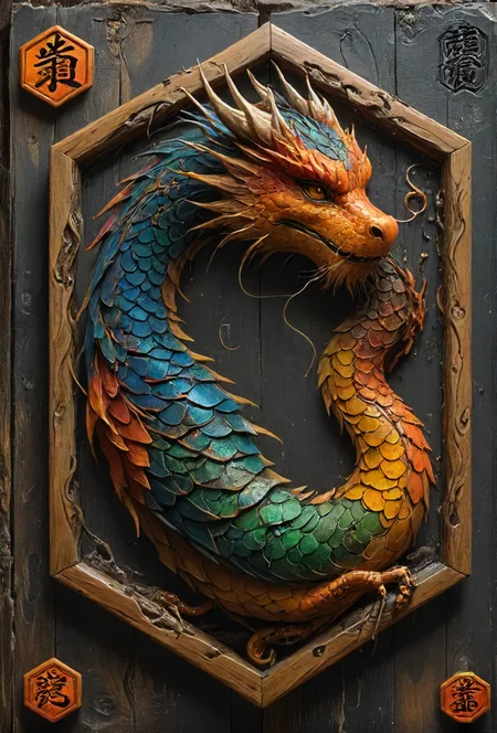 hexagonal logo's of a dragon made of colored shou sugi ban, <lora:XSfenlie:0.8>, <lora:badgemkrsdxl:0.8> badgemkrsdxl, hexagon <lora:- SDXL - dgon_demon_uncapt_V1.1:.5>