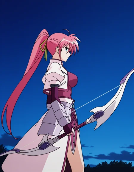 signum,magical girl,blue eyes,pink hair,ponytail,long hair,ahoge,yellow hair ribbon,open jacket,cropped jacket,gauntlets,armor,fingerless gloves,waist cape,(hat:-1),
weapon,sword,Holding a weapon in hand, gripping bow (weapon) and arrow (projectile),aiming a bow (weapon) and arrow (projectile) at point of side,night,cloud,
looking at viewer,
(from side:2.5),
medium large breasts,
perky breasts,explicit,hair between eyes,best quality,very aesthetic,absurdres,16k,intricate detail,amazing quality,(bold:3.12),thick outline,black outline,harsh lines,soft lines,deluster,boldline,curvy,serious,slim,
(anime screencap),(anime coloring:1.2), animated painting, animated gif,2d cel anime,anime cap,anime,anime style,anime cel,Cel shading,cel shaded,soft brightness,perfect face,perfect nose, perfect hair, perfect eyes,perfect female body,perfect skin,a face of perfect proportion,perfect lighting,perfect anatomy,perfect proportion,perfect hands,perfect legs,perfect fingers,masterpiece,super fine illustration,detailed linework,vibrant colors,kawaii,flat color,
<lora:éæ³å°å¥³ãªãªã«ã«ãªã®ã¯ã·ã°ãã illustriousMagical_Girl_Lyrical_NANOHASignumillustrious:1:0.8>