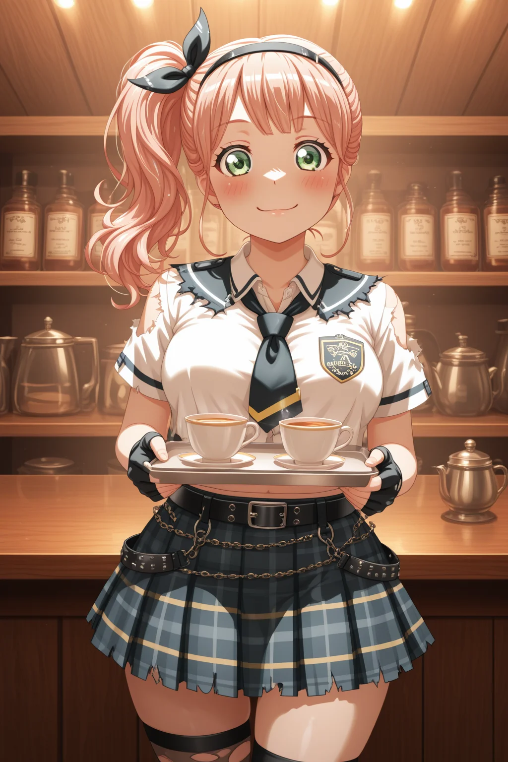 masterpiece, best quality, amazing quality, 1girl, solo, makeup, general, looking at viewer, cowboy shot, blush, smile, playful pose, dynamic angle, cafe, indoors, serving tea, holding tray, energetic pose, midriff, <lora:Uehara_Himari_Ban_Dori:1>, Uehara_Himari_Ban_Dori, green eyes, pink hair, long hair, breasts, side ponytail, punk school uniform, plaid skirt, torn clothes, fingerless gloves, thighhighs, asymmetrical legwear, chains and belts, edgy fashion, rebellious expression, hairband ribbon, youthful energy, <lora:wai-2Rectified-V140:1>, <lora:illustrious_noobai_epsilon_pred_1_masterpieces_v1:1>