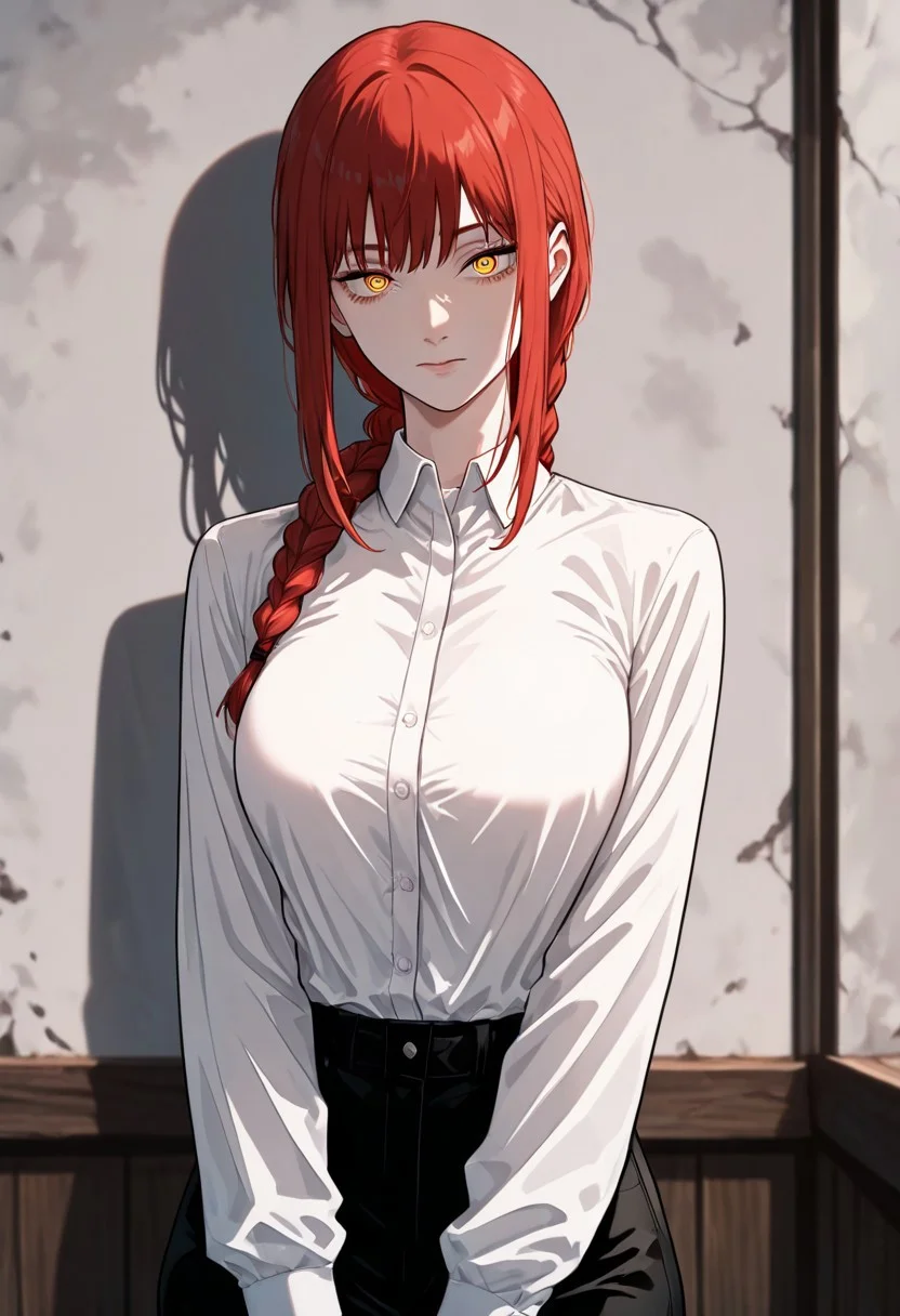 masterpiece, best quality, newest, absurdres, highres, FCOMV1.0, 1girl, makima (chainsaw_man), rehead, red hair, yellow eyes, white shirt,