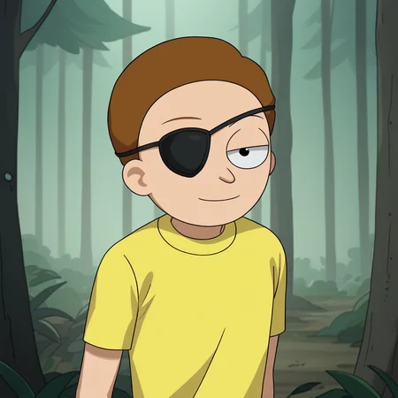 score_7_up, BREAK, EMorty, 1boy, solo, brown hair, short hair, black eyes, black eyepatch, yellow shirt, cowboy shot, looking at viewer , forest, light smile, <lora:Evil_Morty_RickMorty_Leaf4:0.8>