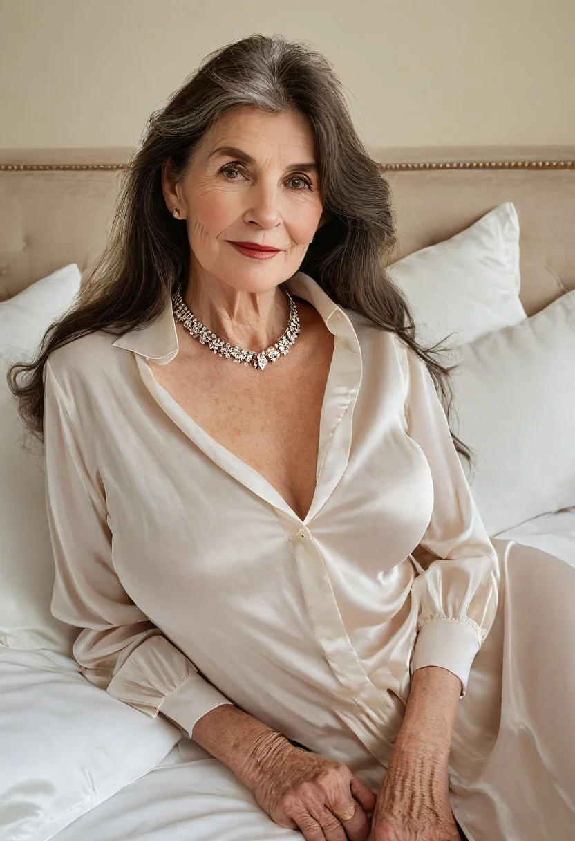 High detail RAW full-body color Photo of (beautiful 55-year-old long-haired Irish GILF lying on satin sheets in a French Boudoir), mature woman, beautiful ((grandmother:1.2)) very long dark hair, smiling, feminine, large eyes)), massive breasts, wearing sexy bra and sheer half-slip, diamond choker and medallion, realistic, symmetrical, highly detailed, skin pores, skin imperfections, lines, wrinkles, glossy lipstick, medium body shot, medium shot, ((soft evening light:1.3)) no fill, seductive eyes, contrast, textured skin, cold skin pores, hasselblad, 45 degree, hard light, gigapixel