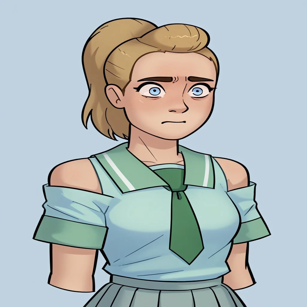 score_9, score_8_up, score_7_up, relatedguy, bust shot, solo, bare shoulders, CHAdora, simple background, one colour background, light blue background, Guilty, Downcast eyes, slumped shoulders, and a slightly ashamed expression, School Uniform, Green Tie, Green Collar Shirt, Skirt, Pleated Skirt, Short Sleeves, Long Socks,