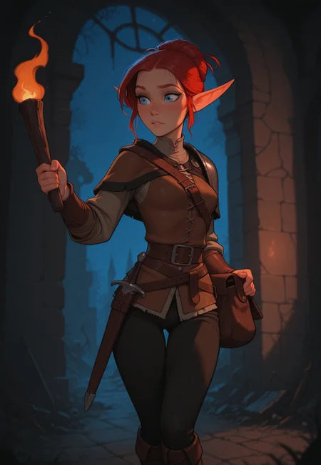 masterpiece, best quality, amazing quality, very aesthetic, DISNEY_ANIMATION, incoth, (incase:0.6), female, solo, (depth of field), medieval setting, indoors, ruins, night time, face focus,

elf, red hair, blue eyes, cute face, slender, small breasts, updo hair, short elf ears, short ears,

leather armor, dagger in scabbard, satchel, black pants, leather boots, holding torch,

adventurer exploring ruins,