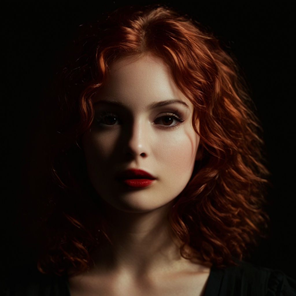 cinematic film still of <lora:add-detail-xl:0.1>1
<lora:detailed:0.3> realism
<lora:perfection style:0.2> perfect
<lora:eyetune:0.6>
<lora:xl_more_art-full_v1:0.3>
<lora:Ron Fricke style:0.3>
<lora:Unreal Engine style:0.3>
<lora:TeethXL:0.3>
<lora:Chiaroscuro Lighting Style:0.3> Chiaroscuro Lighting Style
 <lora:Rembrandt Lighting style v2:1>
In Rembrandt Lighting style a woman with red hair and a black top, partially covered in shadows, Rembrandt shadow style, cinematic face shadow style, nose shadow, movie themed, sharp, detailed, epic cinematic photography, artistic creative style, dramatic chiaroscuro light, cinematic chiaroscuro color style, skin tone film style, Kodak, 35 mm film style, widescreen, cinematography technique style, Rembrandt Lighting style, 1girl, solo, long hair, simple background, brown hair, brown eyes, black eyes, lips, makeup, black background, portrait, lipstick, curly hair, realistic, red lips
, shallow depth of field, vignette, highly detailed, high budget, bokeh, cinemascope, moody, epic, gorgeous, film grain, grainy