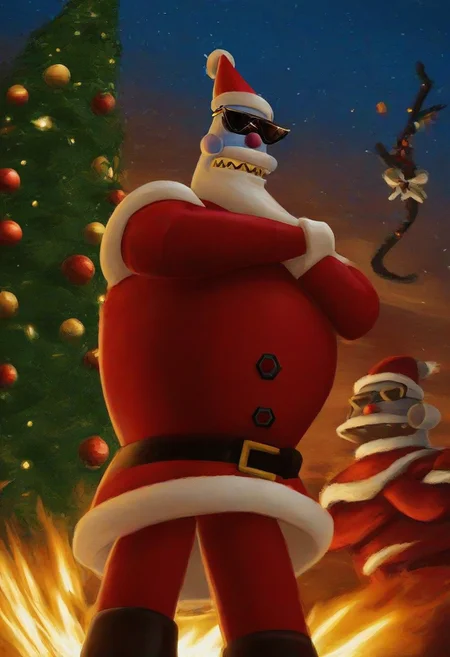 score_9, score_8_up, score_7_up, source_anime,
detailed eyes, eye reflection,
r0b0t_s4nta_c1aus, robot,
santa costume, santa hat, christmas, sack, merry christmas, gift, fur-trimmed headwear, christmas tree, christmas tree, fur trim, red capelet, gift box, red gloves, fur-trimmed capelet, santa gloves, red hat, hat,
outdoors, snow,
dutch angle,, <lora:sinfully_stylish_SDXL.safetensors:1.0>, <lora:AdvancedEnhancerXLv2.safetensors:1.0>, dutch angle, detailed eyes, (detailed background:1.2), (anthro, furry:1.15), <lora:Robot_Santa_Claus_Futurama.safetensors:0.8>, r0b0t_s4nta_c1aus, solo, crossed arms, headgear, holidays, christmas, sunglasses, headwear, gift, hat, no humans, candy cane, eyewear, clothing, anthro, candy, santa hat, plant, explosion, food, robot, christmas clothing, christmas headwear, male, sharp teeth, star (symbol), 1boy, bell, teeth