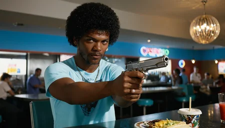 (medium full shot), photo, RAW, DSLR, realistic, ultrasharp, highly detailed, masterpiece, best quality, detailed, hyperrealism, absurdres, detailed,
BREAK
cinematic film still of, <lora:Pulp Fiction style:1>,
Jules Winnfield a man holding a gun in a restaurant, 1911 series, solo, looking at viewer, shirt, black hair, 1boy, holding, brown eyes, white shirt, weapon, male focus, dark skin, holding weapon, blurry, gun, facial hair, dark-skinned male, blue shirt, holding gun, handgun, realistic, revolver, afro, bullet hole, 1990's, 90's, film, cinematic, iconic scene, crime and violence, classic, graphic violence, Kodak film, motion picture image, Pulp Fiction style, Pulp Fiction Film style, shallow depth of field, vignette, highly detailed, high budget, bokeh, cinemascope, moody, epic, gorgeous, film grain, grainy,
BREAK
<lora:fixl-art :1>, fixl-art, <lora:darkfantasystyle:0.65>, drkfntasy, <lora:ImgFixerPre0.3:1>, ImgFixerPre0.3, <lora:aidmaImageUpgraderSDXL-v0.3:1>, <lora:zy_Detailed_Backgrounds_v1:1>, extremely detailed, <lora:extremely_detailed:0.3>, <lora:d\EnvyActionShotXL01:0.8>, Stable-Yogis-Makeup-Enhancer-XL, action shot, aidmaImageUpgrader, Pulp Fiction style, <lora:Pulp Fiction style:1>