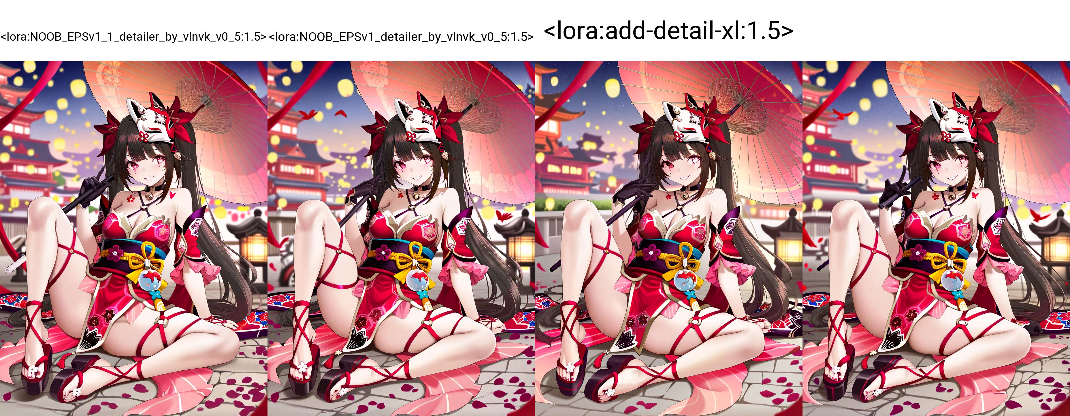 1girl,,sparkle \(honkai: star rail\),,::, (by kana616:0.8), [(by hen-tie:1.3)|(by kagami_\(galgamesion\):1.2)], (by kinokohime:1.2), (by yatsuha_\(hachiyoh\):0.8), year 2024,,fingerless gloves, arm armor, looking to the side, toes, wide shot, parted lips, butterfly sitting, sitting, teeth,,bare shoulders, long hair, brown hair, bell, fox mask, breasts, mask, dress, twintails,,fox ears, weapon, black gloves, black footwear, animal ears, crossed bangs, heterochromia, leg armor, hair flaps,,purple leaves, purple brooch,,blurry background, depth of field, bokehwhite umbrella, bird, outdoors, umbrella, oil-paper umbrella, orange theme, very awa, 
satou kuuki, momoko \(momopoco\), yusha m, dishwasher1910, kcar66t, torino aqua, shunichi, ebifurya, 
masterpiece,best quality,amazing quality,very aesthetic,absurdres,newest,  anime screenshot, crisp, sharp,
 <lora:NOOB_EPSv1_1_detailer_by_vlnvk_v0_5:1.5>