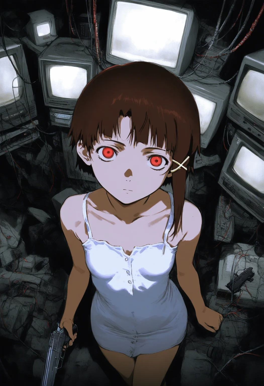 girl, iwakura lain, serial experiments lain, sensitive, asymmetrical hair, bare shoulders, breasts, brown hair, cable, closed mouth, computer, crt, dark, dress, gun, hair ornament, hairclip, handgun, indoors, looking at viewer, monitor, red eyes, short hair, solo, sig sauer, sleeveless, small breasts, weapon, white dress, x hair ornament, darkness, dark room, from above, photo background, spot colors, dutch angle, dark, chromatic aberration, faux traditional media, masterpiece, high score, great score, absurdres