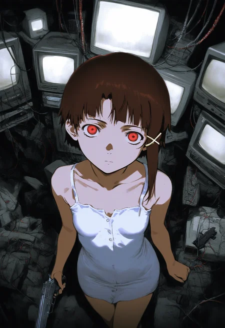 girl, iwakura lain, serial experiments lain, sensitive, asymmetrical hair, bare shoulders, breasts, brown hair, cable, closed mouth, computer, crt, dark, dress, gun, hair ornament, hairclip, handgun, indoors, looking at viewer, monitor, red eyes, short hair, solo, sig sauer, sleeveless, small breasts, weapon, white dress, x hair ornament, darkness, dark room, from above, photo background, spot colors, dutch angle, dark, chromatic aberration, faux traditional media, masterpiece, high score, great score, absurdres