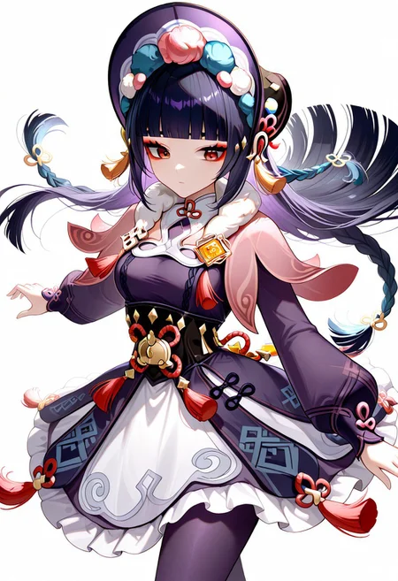 1girl. solo, GSYunJin, long hair, breasts, black hair, hair ornament, red eyes, medium breasts, blue hair, braid, purple hair, multicolored hair, blunt bangs, twin braids, makeup, tassel, eyeshadow, hime cut, red eyeshadow,
long sleeves, dress, hat, pantyhose, frills, puffy sleeves, black dress, black pantyhose, fur trim, black headwear, capelet, frilled dress, multicolored clothes, puffy long sleeves, purple dress, pom pom (clothes), corset, fur collar, vision (genshin impact), purple headwear, bonnet, flower knot, purple pantyhose, black corset, pink capelet, multicolored headwear,
dynamic pose,