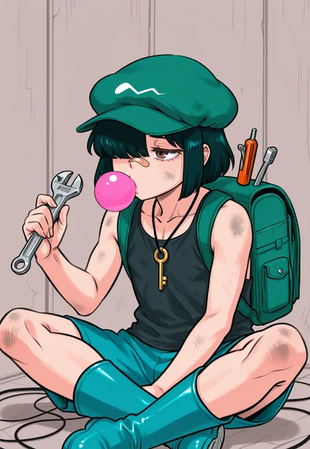 masterpiece, best quality, aesthetic, colorful, <lora:DittoHead7-8:1>, BREAK, 1boy, solo, male focus, hair over one eye, Bob hair, short hair, black hair, green backpack, backpack off, brown eyes, thick eyelashes, narrow eyes, (kappa mob (touhou)), green hat, tank top, black top, blue shorts, key, key necklace, rubber boots, blue footwear, sitting, indian style crossed legs, bubble blowing, bubblegum, wrench, holding, bandaid, bandaid on nose, dirty, (repairing:1.3), wire (electrical), screwdriver,