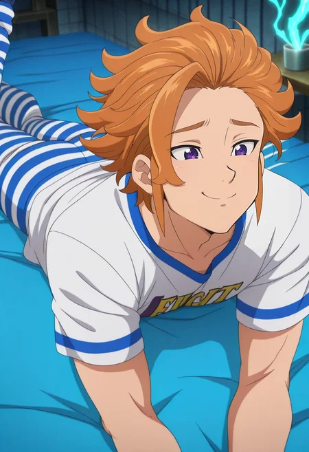 masterpiece, best quality, intricate details, anime screencap, anime coloring, official style, , 1boy, solo, male focus, <lora:arthur_pendragon_ilxl:0.94>, arthur_pendragon, orange hair, purple eyes, short hair, cowboy shot, energy plant, indoors, lying, on stomach, giggling, Striped Ski pants, NavyBlue Performance T-shirt, , ,