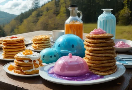 foodphoto, a stack of pancakes made out of slime, slime pancakes, slime syrup, pancakes covered in syrup, a swirl of whipped topping on top of a stack of pancakes, slime whipped cream, plate made of slime, table made of slime,
natural light, no bright spots, 
((translucent slime)), ((transparent slime)), made of water, (bioluminescent slime), sl1m3d, slime, slime-morph, ais-blmn, saturated colors, no creatures, no humans, no monsters, no pokemon, scenery only, scenery,