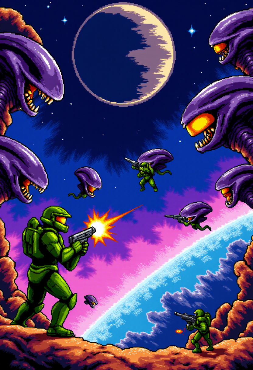 <lora:KFT_2d_Pixel_Style_FLUX-000017:1>
The image is a vibrant kftpxl pixel art illustration featuring    Master Chief shooting at aliens in space