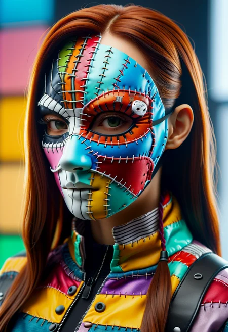 hyper detailed masterpiece, dynamic realistic digital art, awesome quality,DonMFr4nk3nst31nXL patchwork female hypermethylen, holo-conference organizer,, mask, sewn togather <lora:DonMFr4nk3nst31nXL-000008:0.8>
