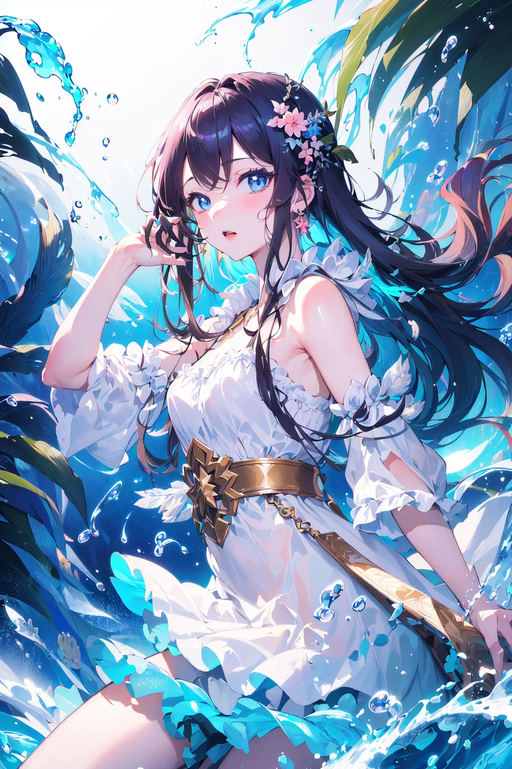 (masterpiece, top quality, best quality, official art, beautiful and aesthetic:1.2),
(1girl, solo), (kawaii:1.2),
([ water effects | Light Effects | Feathers effects ]:1.3),