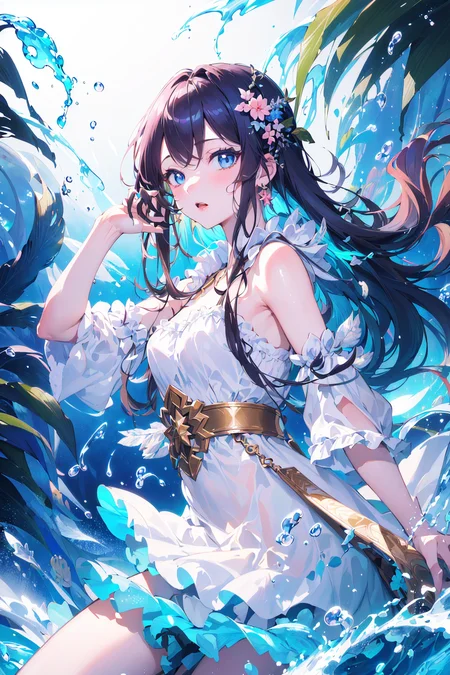 (masterpiece, top quality, best quality, official art, beautiful and aesthetic:1.2),
(1girl, solo), (kawaii:1.2),
([ water effects | Light Effects | Feathers effects ]:1.3),