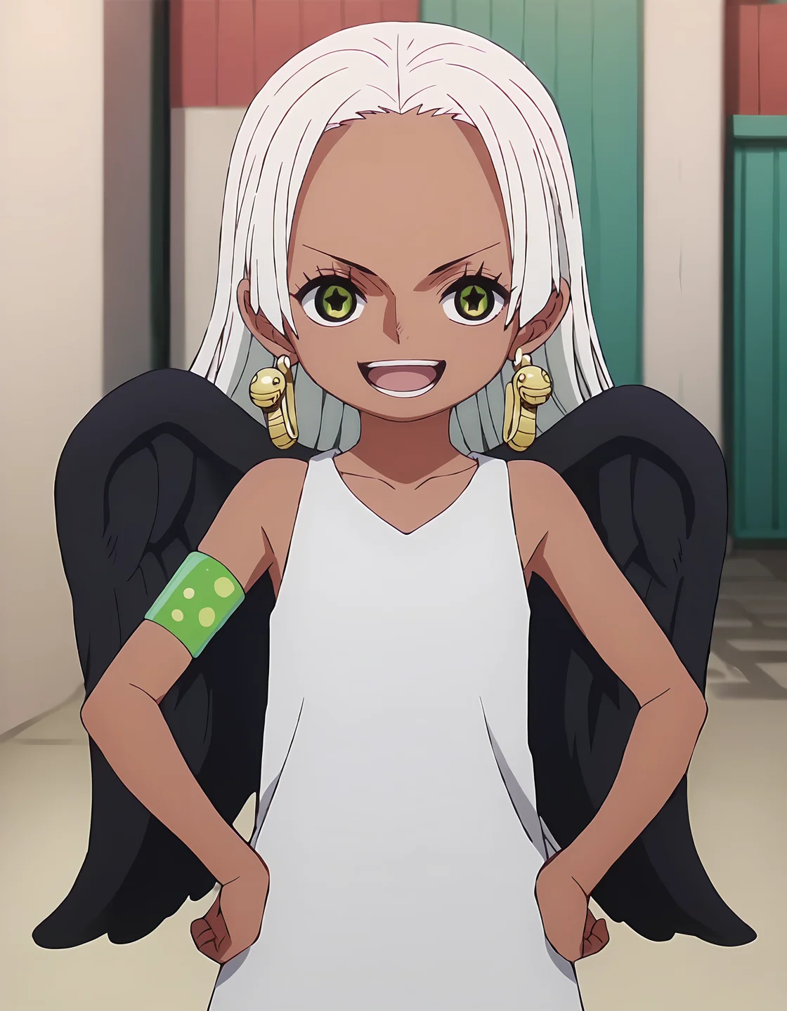 score_9, score_8_up, score_7_up, score_6_up, score_5_up, score_4_up, <lora:Ssnake_T0V0:0.90>,
1girl, solo, source_anime, anime screencap,
Ssnake_T0V0, child, dark-skinned female, white hair, long hair, forehead, green eyes, eyelashes,
earrings, jewelry, black wings, single armlet,
white dress, collarbone, bare shoulders,
standing, hands on own hips,
looking at viewer, open mouth, smile,
cowboy shot,