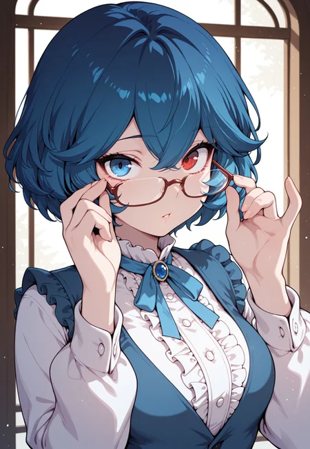masterpiece,best quality,amazing quality, 1girl, solo,
blue eyes,blue hair,blue ribbon,blue vest,center frills,frilled shirt,frills,glasses,hands up,heterochromia,long sleeves,looking at viewer,neck ribbon,parted lips,pinky out,red eyes,removing eyewear,ribbon,shirt,short hair ,upper body,vest,