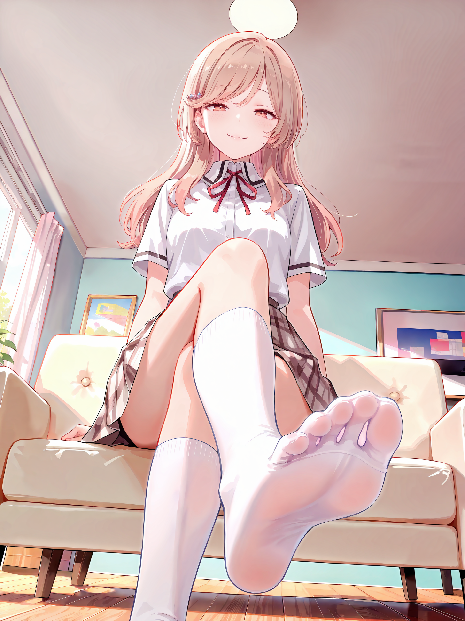 1girl, sena ajisai, hairclip, solo, school uniform, pleated skirt, plaid skirt, white collared shirt, neck ribbon, white kneehighs, sitting, crossed legs, from below, on couch, windows, living room, foot focus, no shoes, gasping, ecstasy, seductive smile , <lora:Char-Sena_Ajisai-V1-IL:0.9>
masterpiece, best quality, amazing quality, very aesthetic, absurdres, (ask \(askzy\), hiten \(hitenkei\):0.7), perfect features, intricate details, ray tracing, <lora:XL-detailed_notrigger:1:hr=0.5>