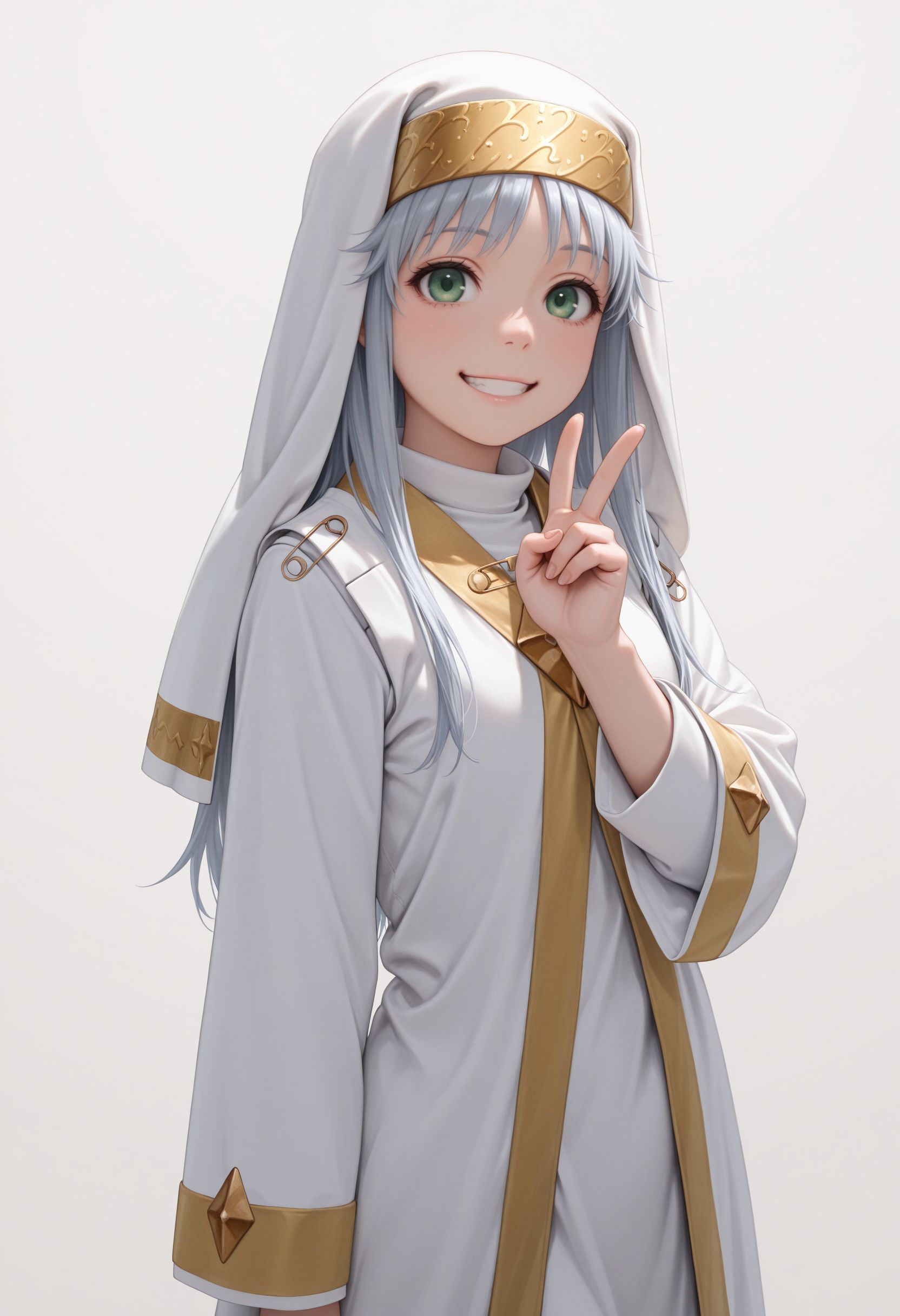 masterpiece, best quality, newest, (realistic:0.5), solo, looking at viewer,
 smile, looking at viewer, closed mouth, upper body, white background, simple background, v, grin, hand up, standing, 
 <lora:Index illu:1> 1girl, , green eyes, long hair, grey hair, robe,  safety pin, long sleeves, dress, nun, habit