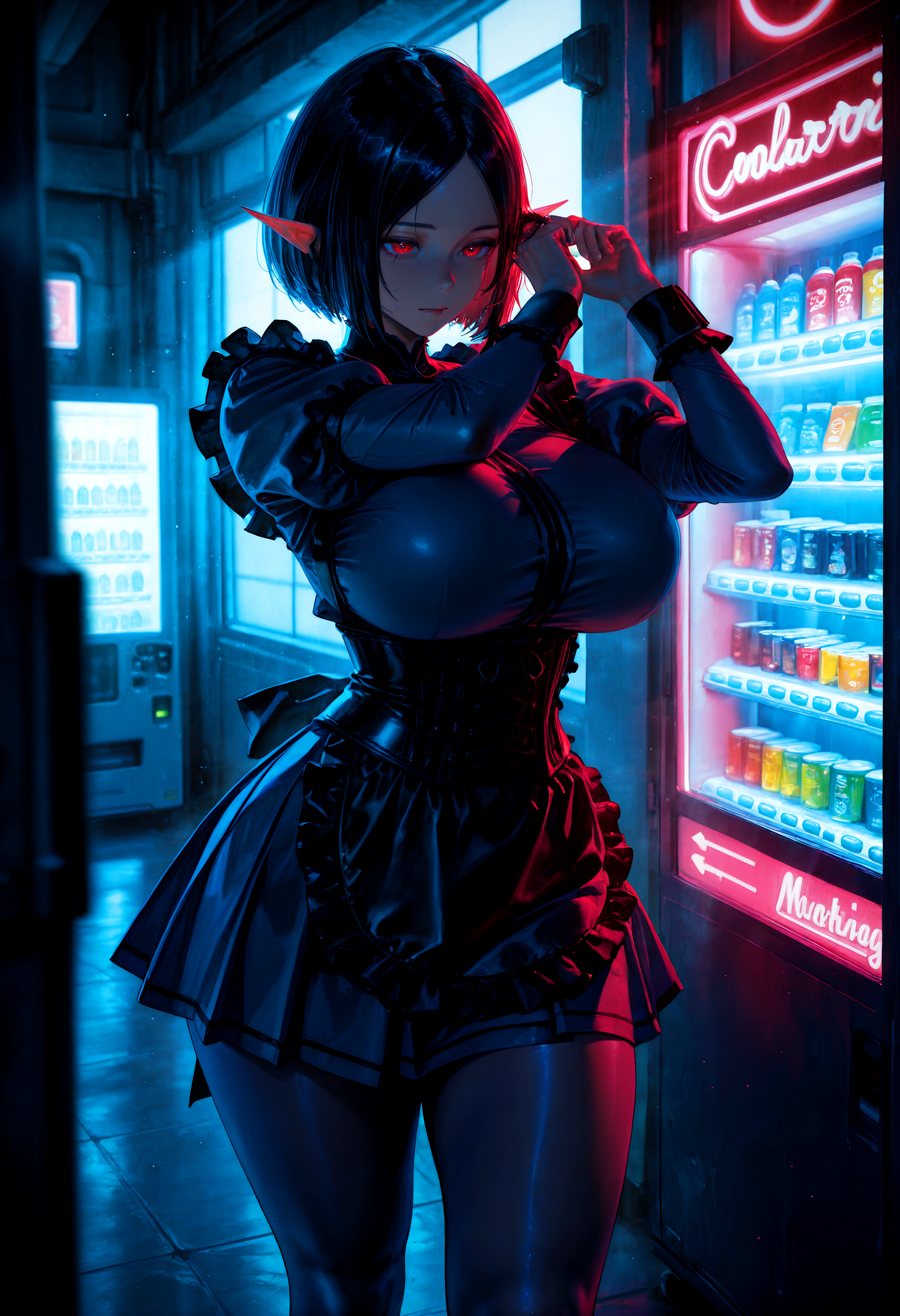 HDR, 8K, high contrast, masterpiece, best quality, amazing quality, very aesthetic, superabsurd res, high resolution, ultra-detailed, absurdres, newest, scenery, (horikoshi kouhei:0.3), (quasarcake:0.3), (wlop:0.3), light rays, chiaroscuro, dynamic angle, close up, aote_mirai, dark skin, 1girl, dark elf, pointy ears, red eyes, short hair, parted bangs, bob cut, black hair, huge breasts, (thick thighs:1.3), wide hips, dark blue dress, maid, short skirt, pleated skirt, corset, frills, black apron, wrist cuffs, puffy sleeves, pantyhose, standing , fixing hair, neon lights, cyberpunk, shop, vending machine, fog, partially illuminated, (backlighting), Intricately designed, Mysterious, BREAK, photorealistic, beautiful detailed eyes, detailed skin, detailed hair, volumetric lighting, dappled light, light particles, dramatic shadows, cinematic lighting, depth of field, <lora:ponyxl\cfg_scale_boost:0.8> <lora:IL\KMS_AOTE_Mirai_IL-000007:0.8>