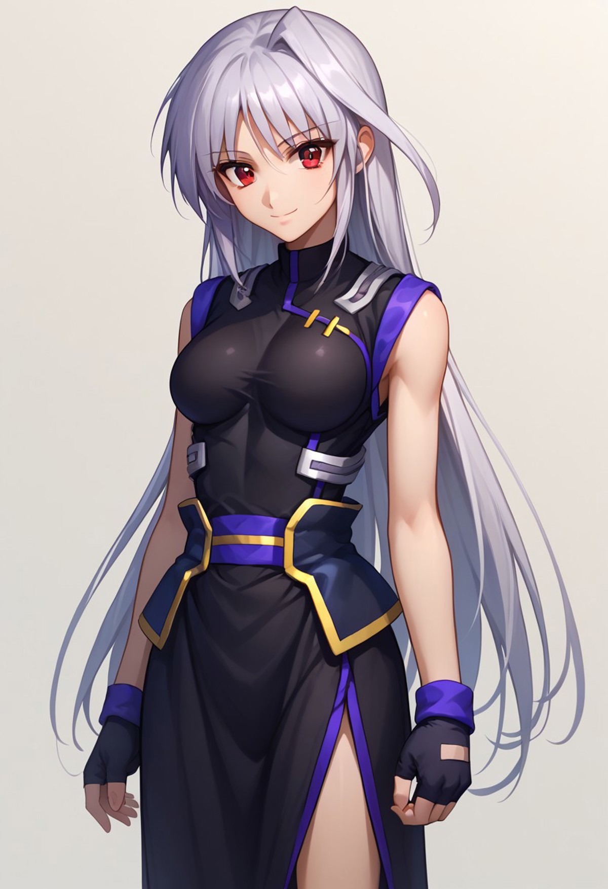 score_9, score_8_up, score_7_up, source_anime, good anatomy, 1girl, solo, Reinforce, long hair, white hair, single hair intake, red eye, long dress, black dress, sleeveless dress, side slit, purple dress trim, black corset, purple glove trim, black gloves, black metal shoes, black sock, fingerless gloves, standing, smiling