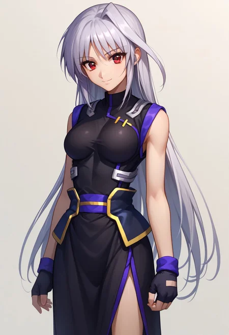 score_9, score_8_up, score_7_up, source_anime, good anatomy, 1girl, solo, Reinforce, long hair, white hair, single hair intake, red eye, long dress, black dress, sleeveless dress, side slit, purple dress trim, black corset, purple glove trim, black gloves, black metal shoes, black sock, fingerless gloves, standing, smiling
