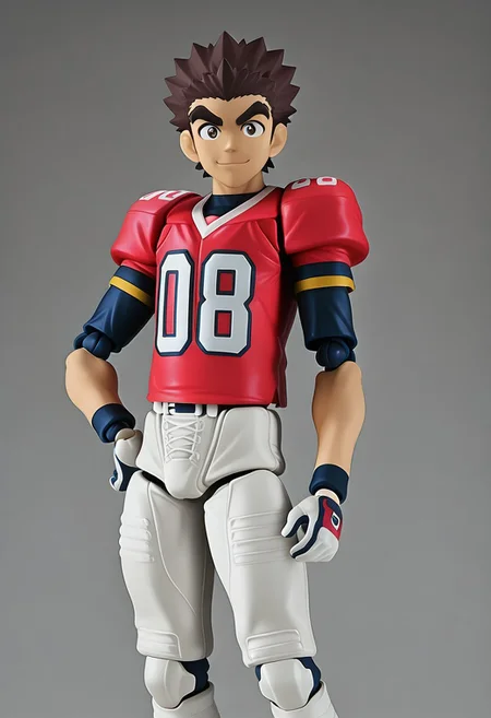 figma, figure anime style, PVC, Yaoi figure PVC, PVC boy, PVC texture, male, High Quality, perfect anatomy, HD, anime style, break
TAROU RAIMON, 1boy, solo, alone, brown hair, thick eyebrows, dark brown eyes, athletic build, smiling, posing, looking at viewer, football uniform, tight uniform, red and white uniform,