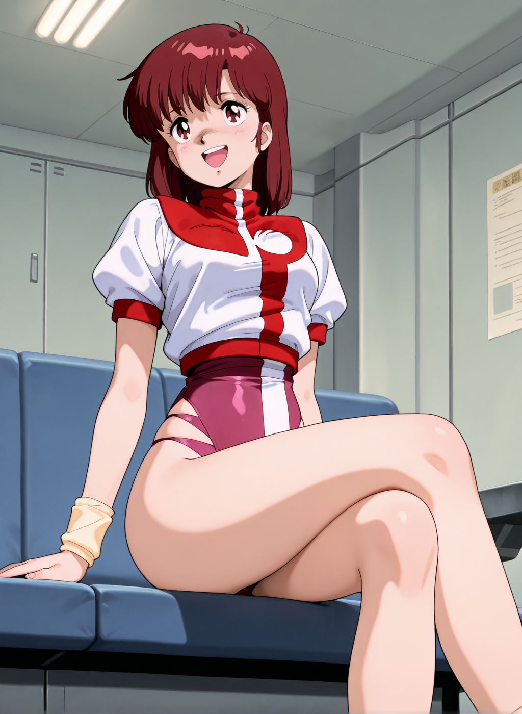 High quality,Ultra detailed,best quality,insanely detailed,beautiful,masterpiece,absurdres,very aesthetic,sensitive BREAK
<lora:takaya_noriko_V1_NOOB:1>,(takaya noriko, top wo nerae, red hair, short hair, brown eyes, 1980s \(style\), retro artstyle),(pink leotard,uniform,turtleneck,short sleeves,puffy sleeves),1girl,solo,posing,indoors,sitting,crossed legs,laughing,science fiction,