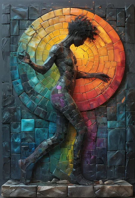 artmsc, mosaic, pixelated, t ablet, Create an artwork that captures the form of a animal through a mosaic of textured, colored squares, each square contributing to the overall image while maintaining its own unique pattern and palette. This piece should reflect the diverse aesthetics of the artists in the collective: Eyvind Earle + Aaron Douglas + James Jean. The composition should bring to life the dynamic movement within a patchwork of abstract and figurative elements, symbolizing the blend of traditional artistic methods with a modern, pixelated digital effect.