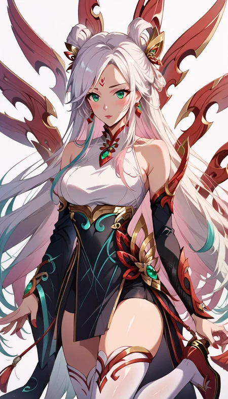 score_8_up,score_7_up,score_6_up,score_9,score_8_up,score_7,masterpiece,best quality,source_anime,blush,<lora:pony卿¼«ç»é£äºAmaiAnimePony:0.8>,<lora:Expressive_H:1>, <lora:Pony_Irelia_v1:0.8>,irelia_mythmaker,1girl,long hair,white hair, hair ornament,bare shoulders,detached sleeves,multicolored hair,dress,bangs,thighhighs,facial mark, green eyes,Chinese clothes,earrings,hair bun,jewelry,red lips,red nails,very long hair,double bun,forehead mark,hair rings,white thighhighs,red shoes,(white background:1.2),